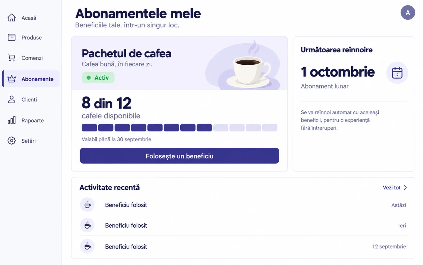 Concept de panou cu abonamente, beneficii disponibile și data reînnoirii
